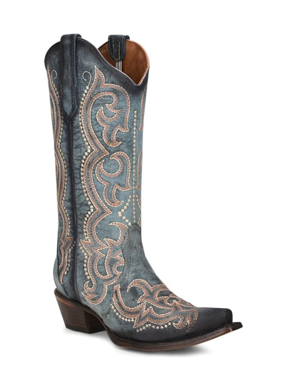 Womens Blue Jean Embroidered Snip Toe Casual Boots Mid Calf Mid Heel 2-3" - Blue